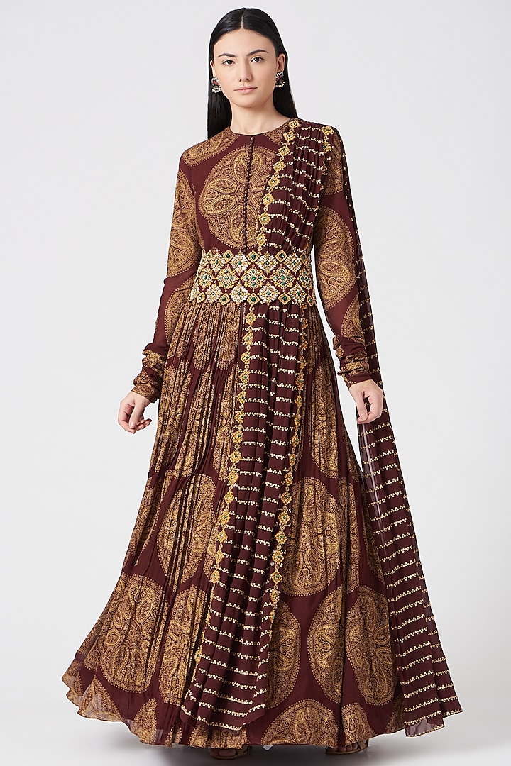 Brown Printed Anarkali Set by Bhumika Sharma