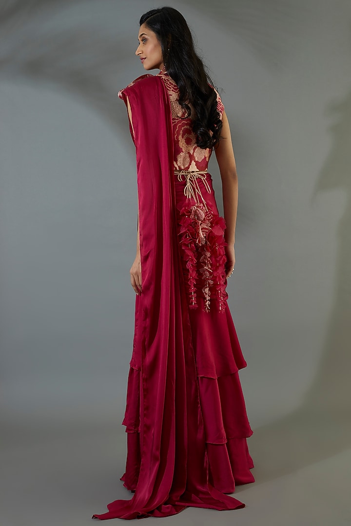 Maroon Georgette Ruffled Wedding Saree Set With Belt by Bhumika Sharma at Pernia's Pop Up Shop