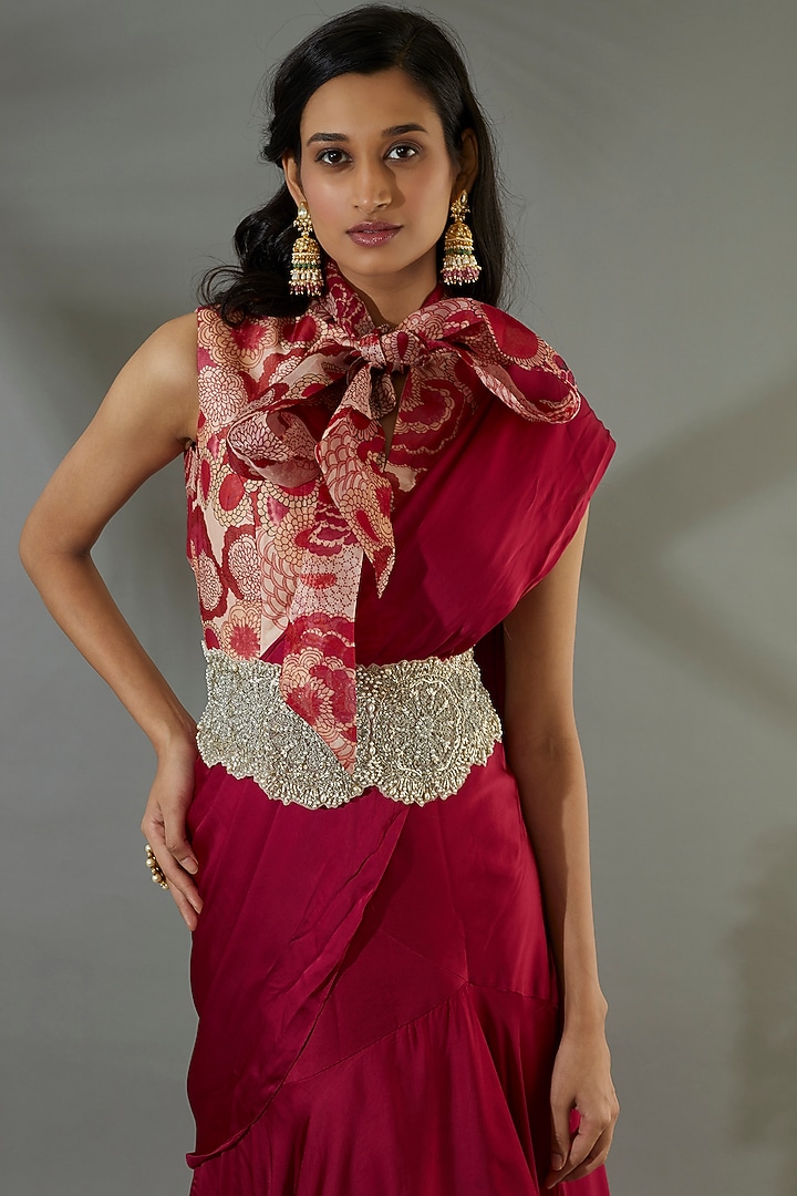 Maroon Georgette Ruffled Wedding Saree Set With Belt by Bhumika Sharma at Pernia's Pop Up Shop