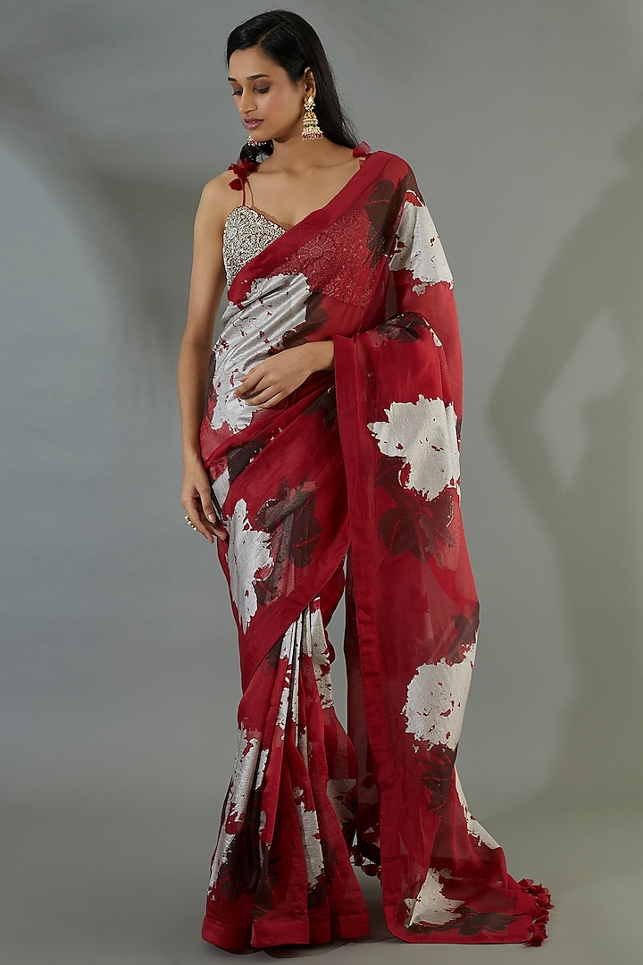 Red Georgette Printed Saree Set by Bhumika Sharma