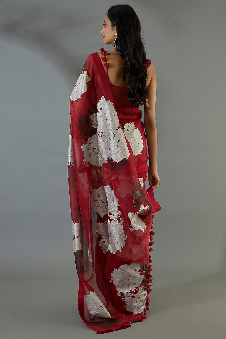 Red Georgette Dahlia Khadi Printed Wedding Saree Set by Bhumika Sharma at Pernia's Pop Up Shop