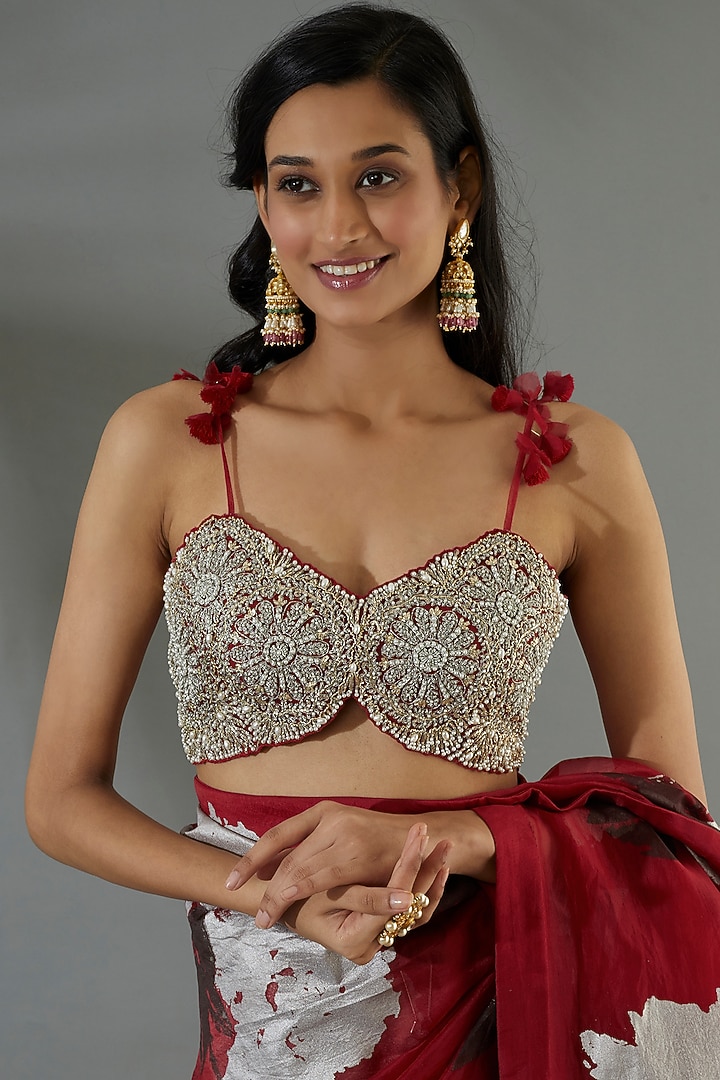 Red Georgette Dahlia Khadi Printed Wedding Saree Set by Bhumika Sharma at Pernia's Pop Up Shop