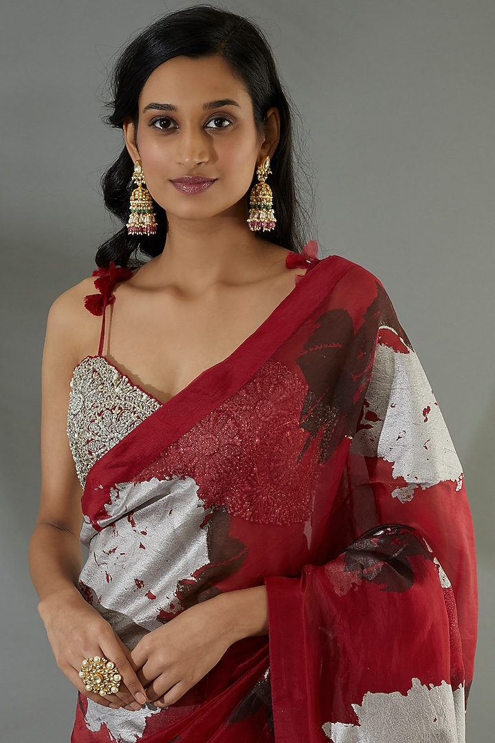 Red Georgette Dahlia Khadi Printed Wedding Saree Set by Bhumika Sharma at Pernia's Pop Up Shop