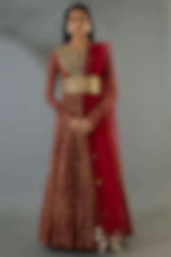 Red Georgette Anarkali Set With Belt by Bhumika Sharma