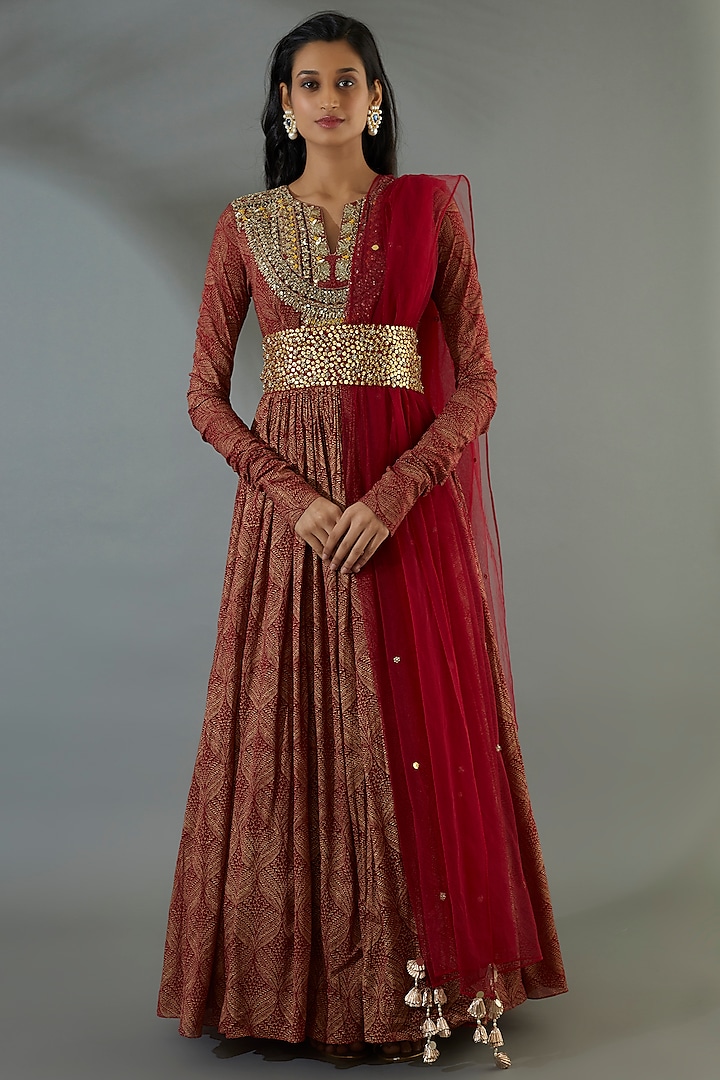 Red Georgette Anarkali Set With Belt by Bhumika Sharma