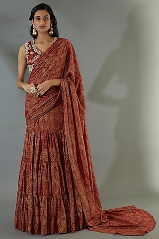 Red Georgette Banarasi Printed Lehenga Saree Set by Bhumika Sharma
