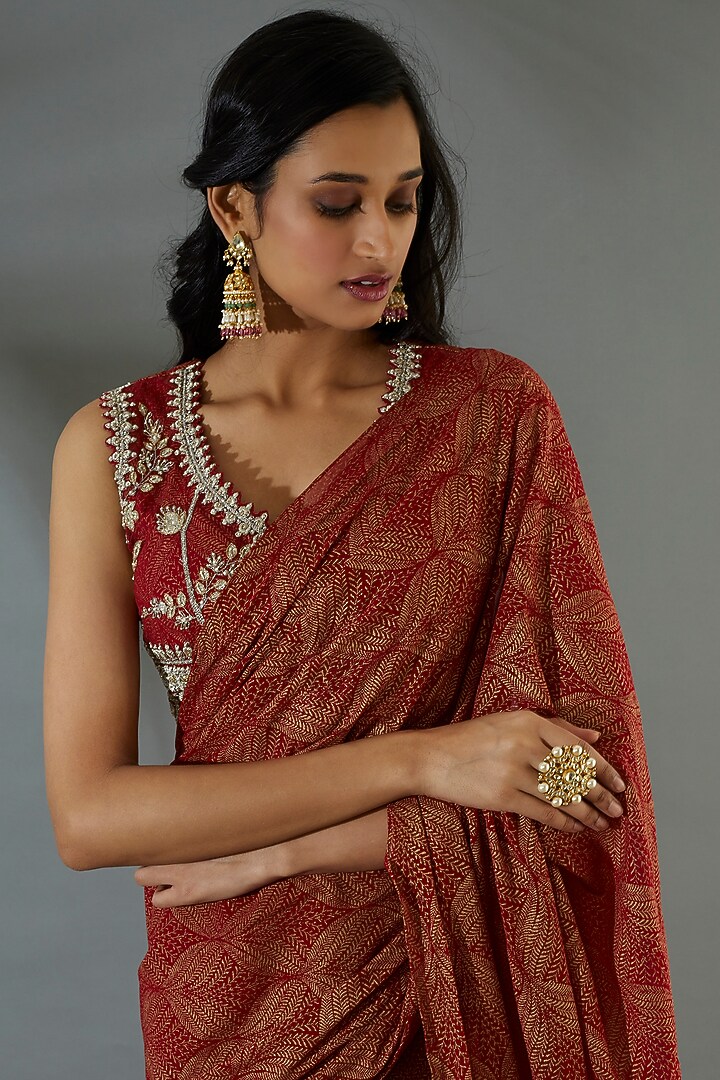 Red Georgette Banarasi Printed Wedding Lehenga Saree Set by Bhumika Sharma at Pernia's Pop Up Shop