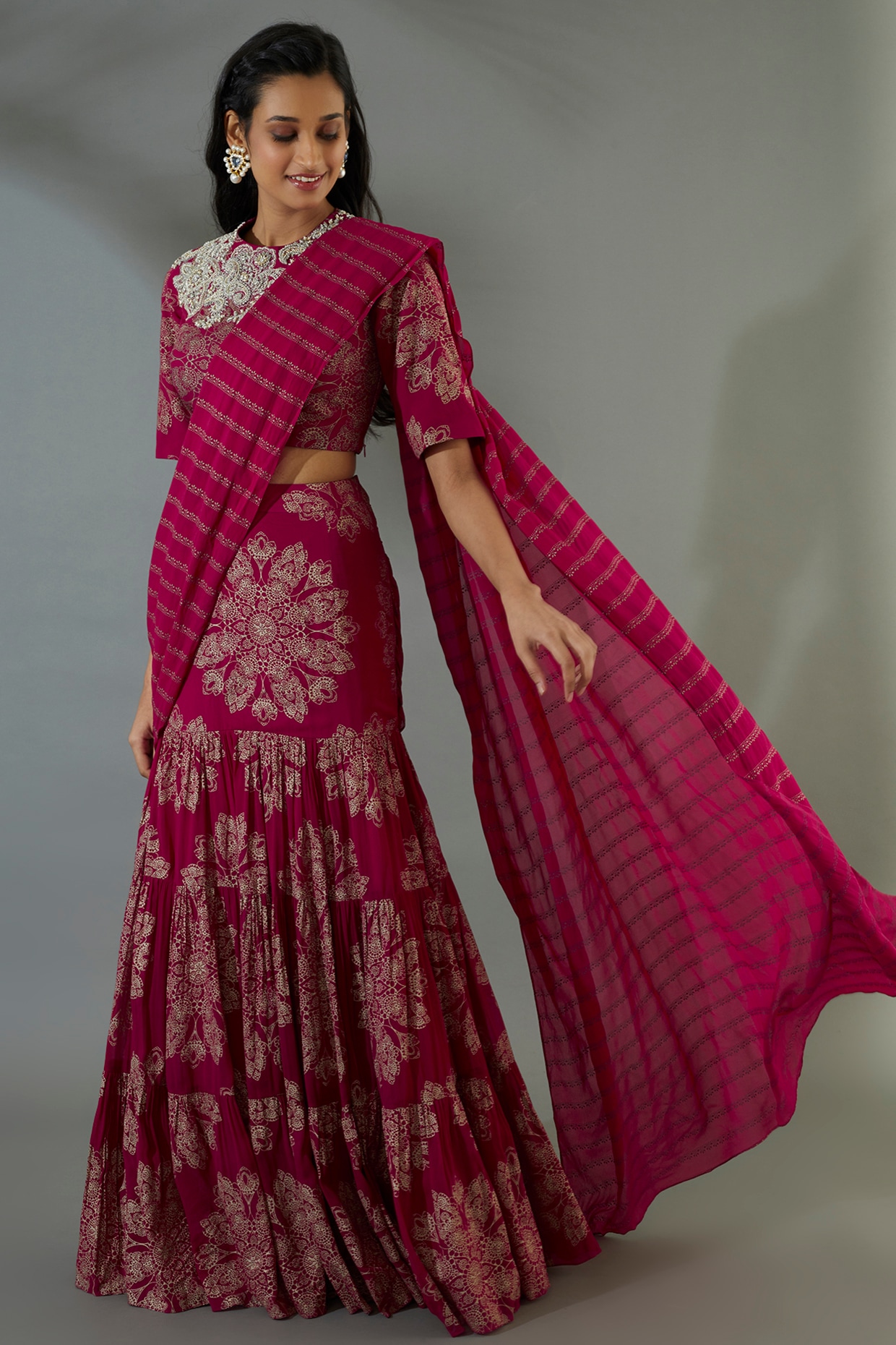 Peach Banarasi silk lehenga saree | Long gown design, Bridal lehenga blouse  design, Half saree