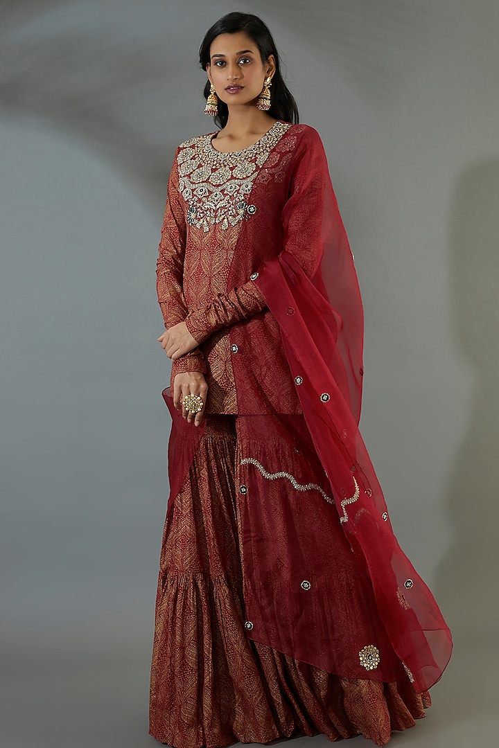 Red Georgette Sharara Set by Bhumika Sharma