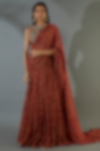 Red Banarasi Printed Saree Set by Bhumika Sharma