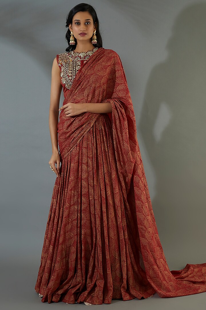 Red Georgette Banarasi Printed Pleated Saree Set  by Bhumika Sharma