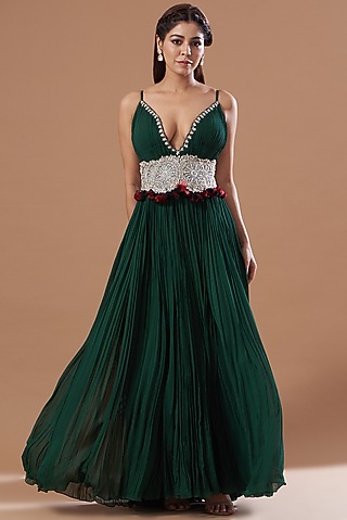 Dark Green Georgette & Shantoon Dress by Bhumika Sharma