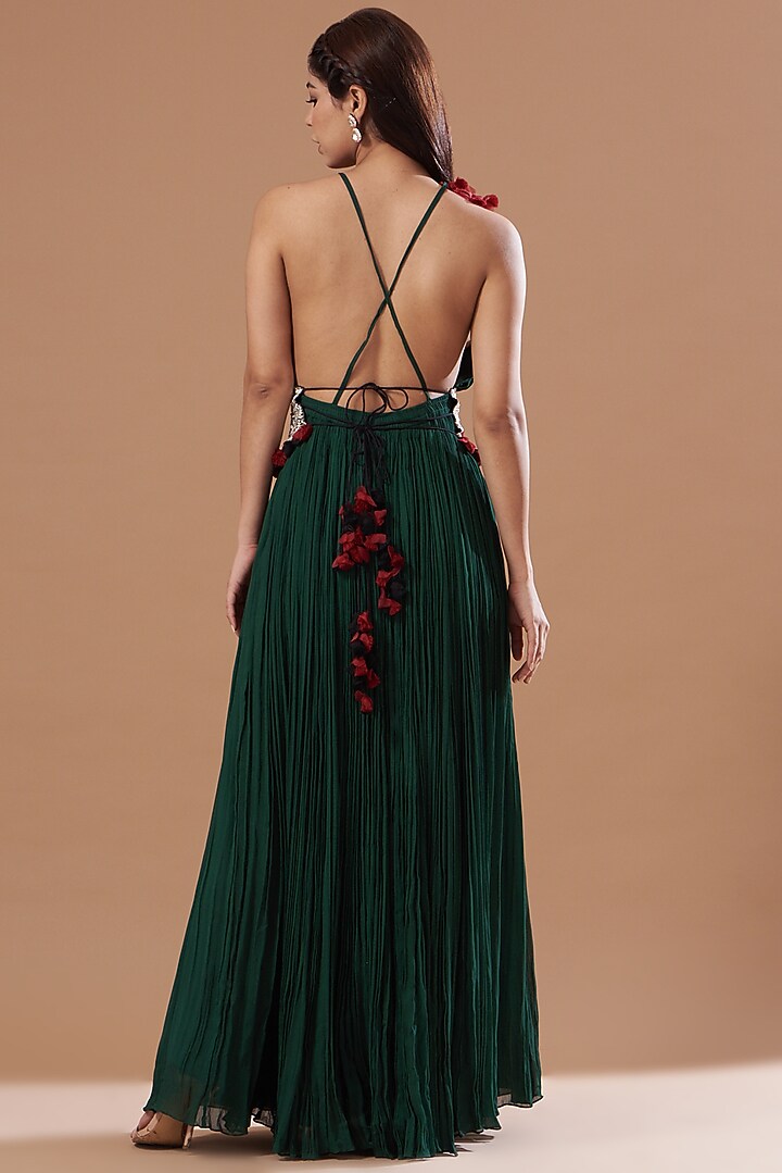 Dark Green Georgette & Shantoon Cocktail Dress by Bhumika Sharma at Pernia's Pop Up Shop