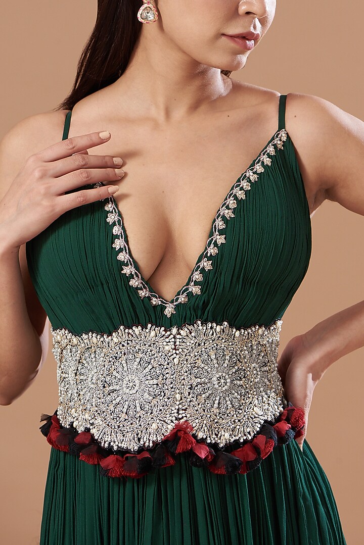 Dark Green Georgette & Shantoon Cocktail Dress by Bhumika Sharma at Pernia's Pop Up Shop