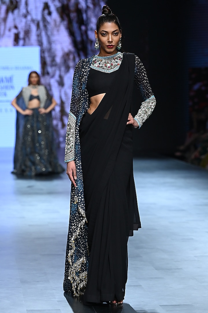 Black Georgette & Net Wedding Saree Set by Bhumika Sharma at Pernia's Pop Up Shop