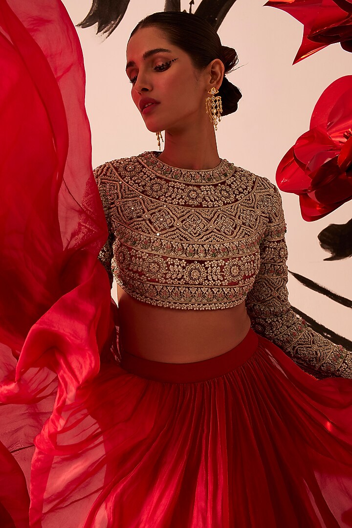 Red Organza & Net Bridal Lehenga Set by Bhumika Sharma at Pernia's Pop Up Shop