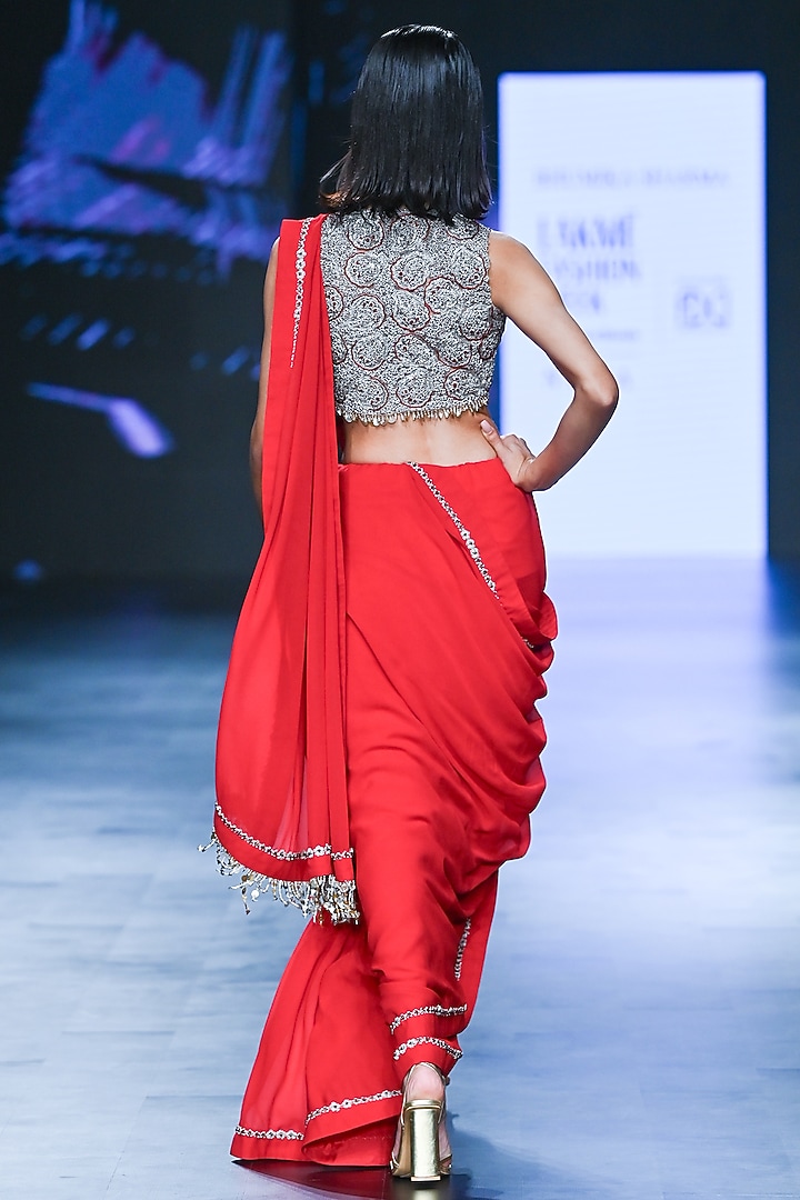 Red Georgette & Net Reception Saree Set by Bhumika Sharma at Pernia's Pop Up Shop
