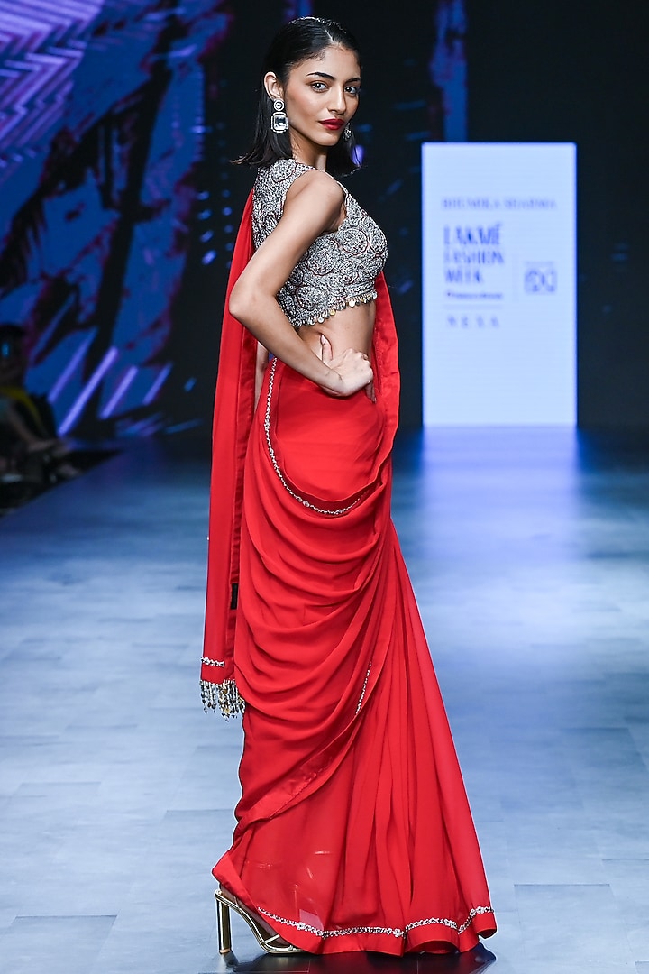 Red Georgette & Net Reception Saree Set by Bhumika Sharma at Pernia's Pop Up Shop