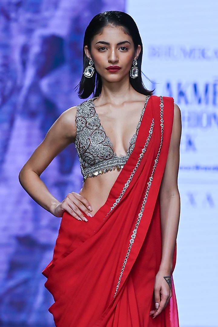 Red Georgette & Net Reception Saree Set by Bhumika Sharma at Pernia's Pop Up Shop