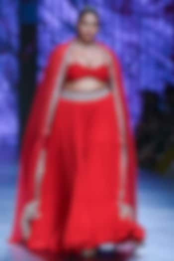 Red Organza & Georgette Embroidered Pleated Sharara Set by Bhumika Sharma
