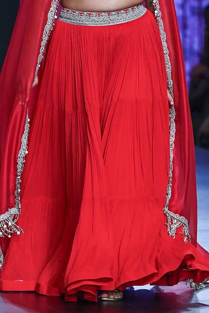 Red Organza & Georgette Embroidered Pleated Bridal Sharara Set by Bhumika Sharma at Pernia's Pop Up Shop