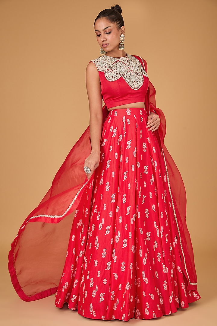 Red Linen Satin & Georgette Floral Lehenga Set by Bhumika Sharma