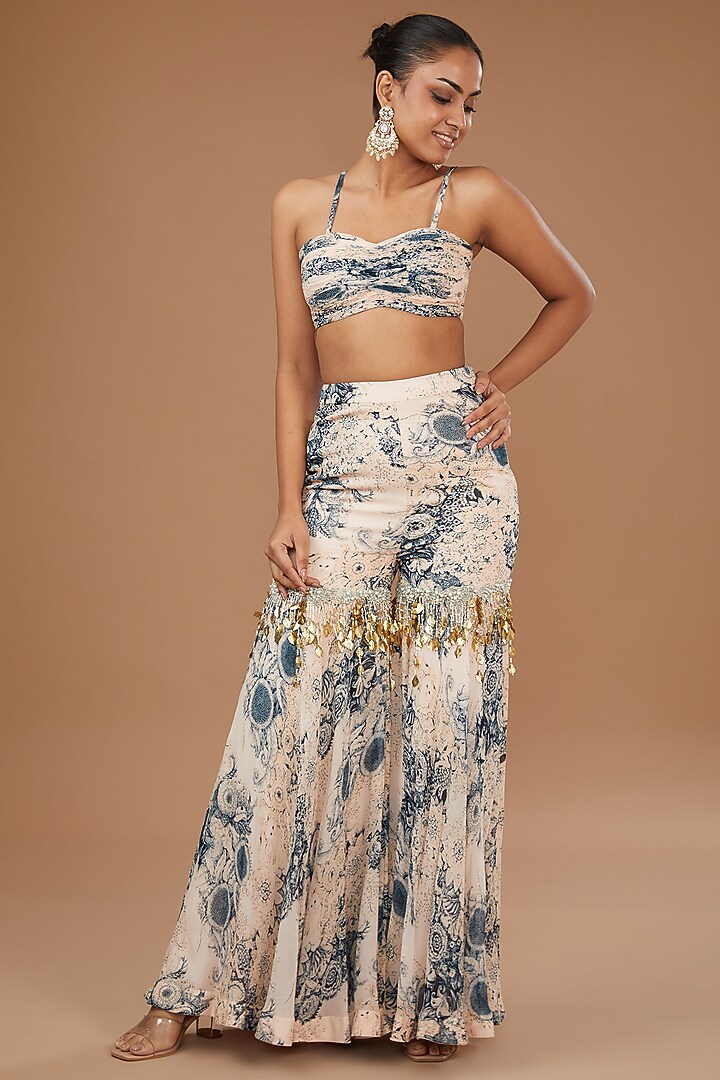 Mint & Blue Organza Embroidered Cape Set by Bhumika Sharma at Pernia's Pop Up Shop