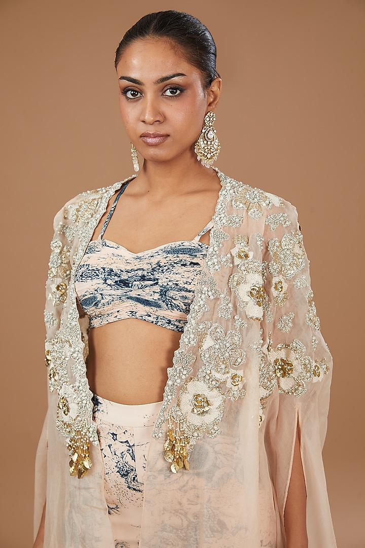 Mint & Blue Organza Embroidered Cape Set by Bhumika Sharma at Pernia's Pop Up Shop