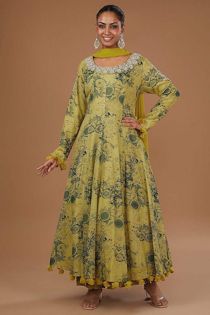 Yellow Georgette Printed & Embroidered Anarkali Set by Bhumika Sharma at Pernia's Pop Up Shop