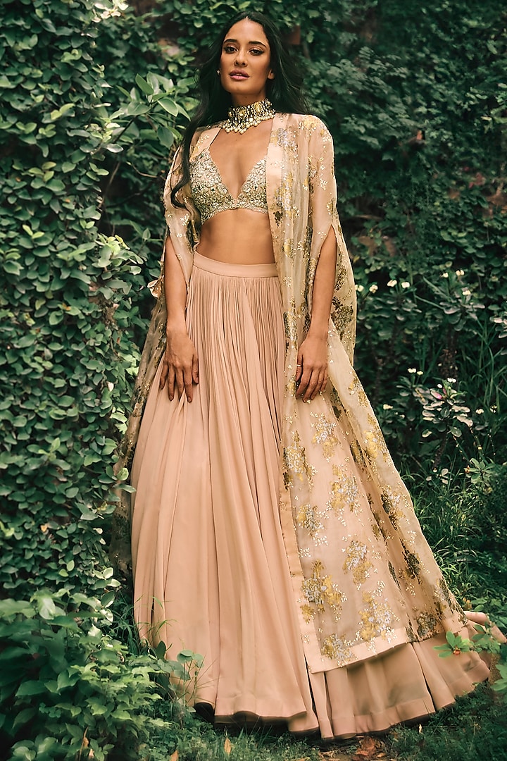 Dusty Pink Organza & Georgette Printed Cape Set by Bhumika Sharma at Pernia's Pop Up Shop