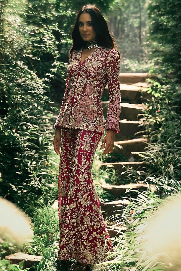 Deep Pink Net Embroidered Jacket Set by Bhumika Sharma at Pernia's Pop Up Shop