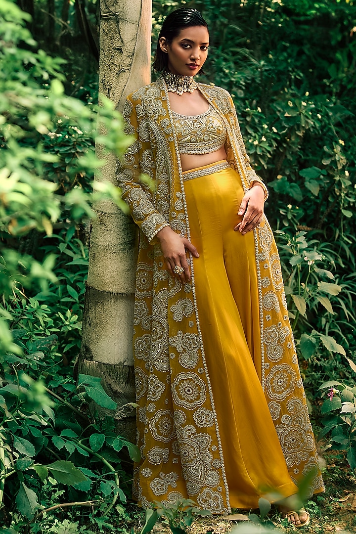 Mustard Yellow Georgette & Net Embroidered Jacket Set by Bhumika Sharma at Pernia's Pop Up Shop