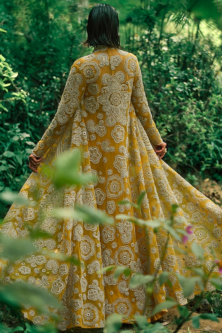 Mustard Yellow Georgette & Net Embroidered Jacket Set by Bhumika Sharma at Pernia's Pop Up Shop
