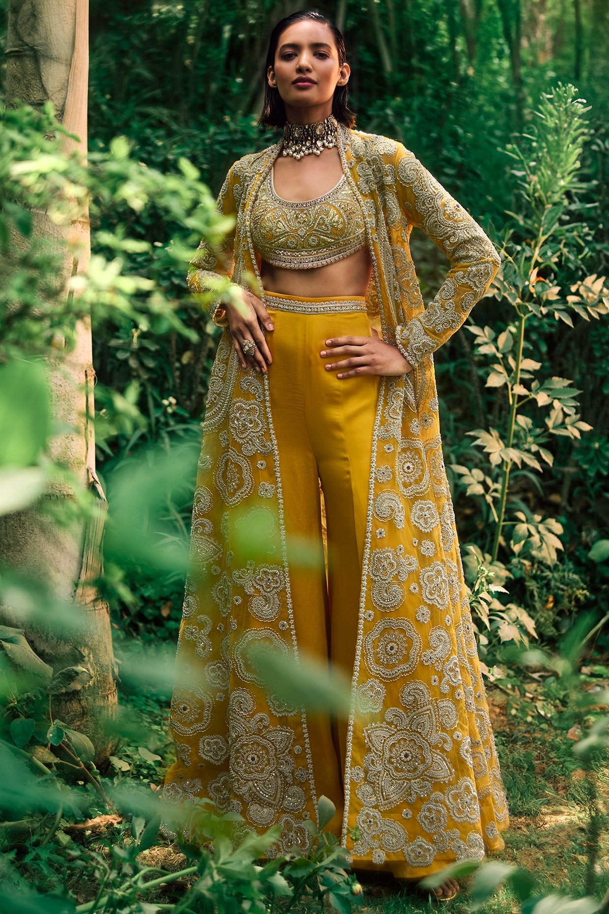 Mustard Yellow Georgette & Net Embroidered Jacket Set by Bhumika