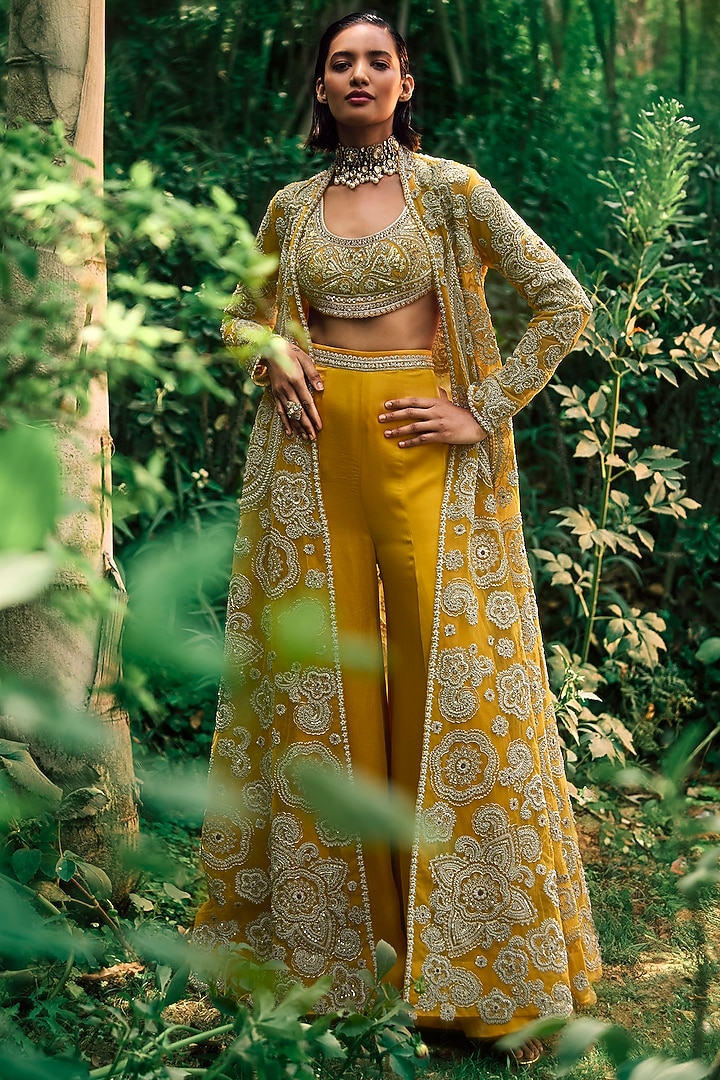Mustard Yellow Georgette & Net Embroidered Jacket Set by Bhumika Sharma at Pernia's Pop Up Shop
