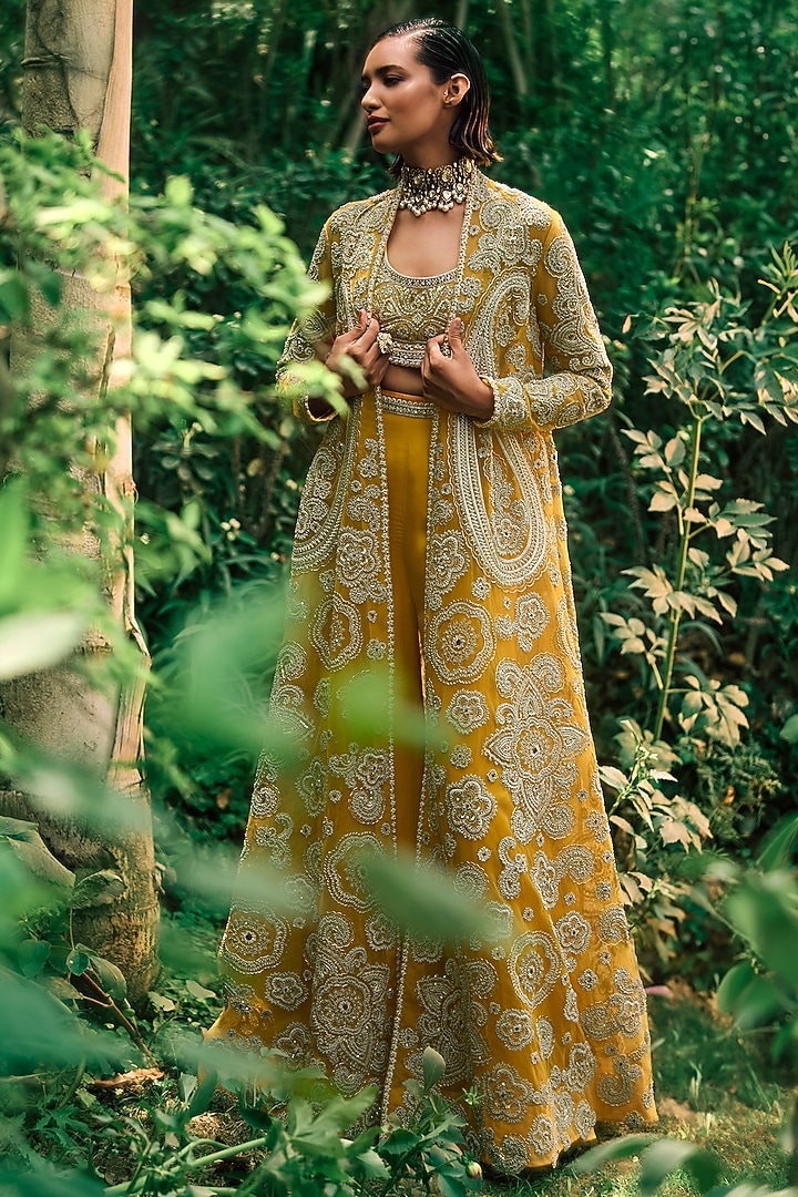 Mustard Yellow Georgette & Net Embroidered Jacket Set by Bhumika Sharma at Pernia's Pop Up Shop