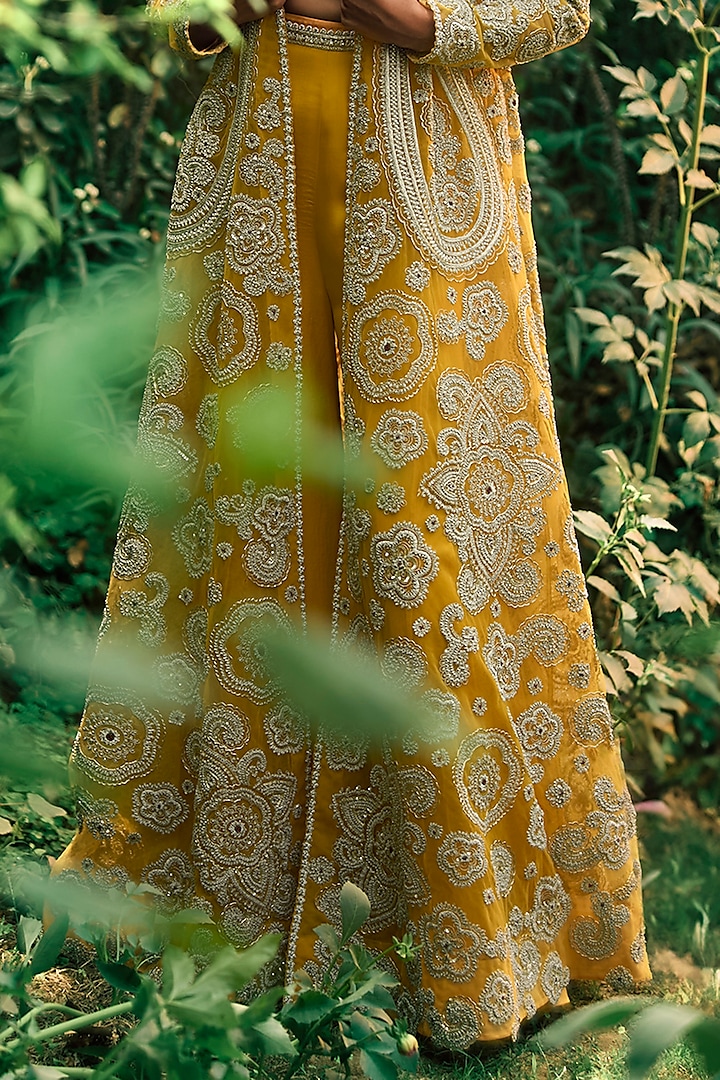 Mustard Yellow Georgette & Net Embroidered Jacket Set by Bhumika Sharma at Pernia's Pop Up Shop