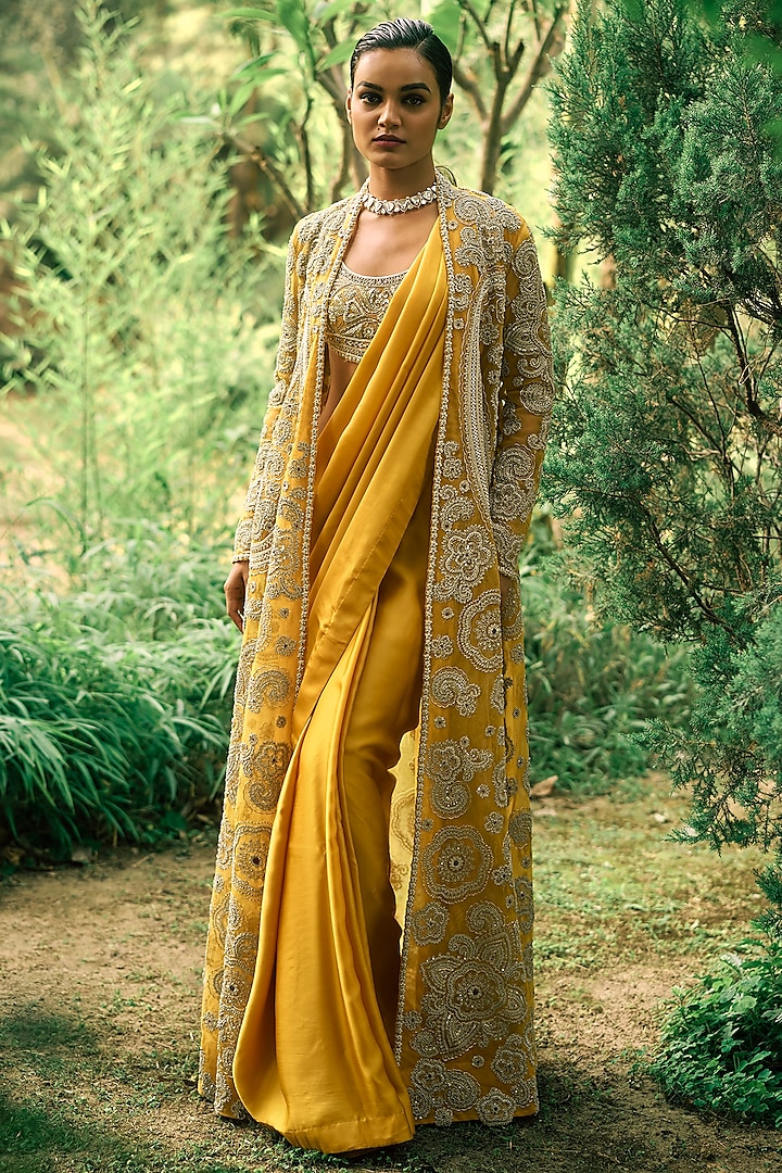 Mustard Yellow Georgette & Net Embroidered Jacket Saree Set by Bhumika Sharma at Pernia's Pop Up Shop