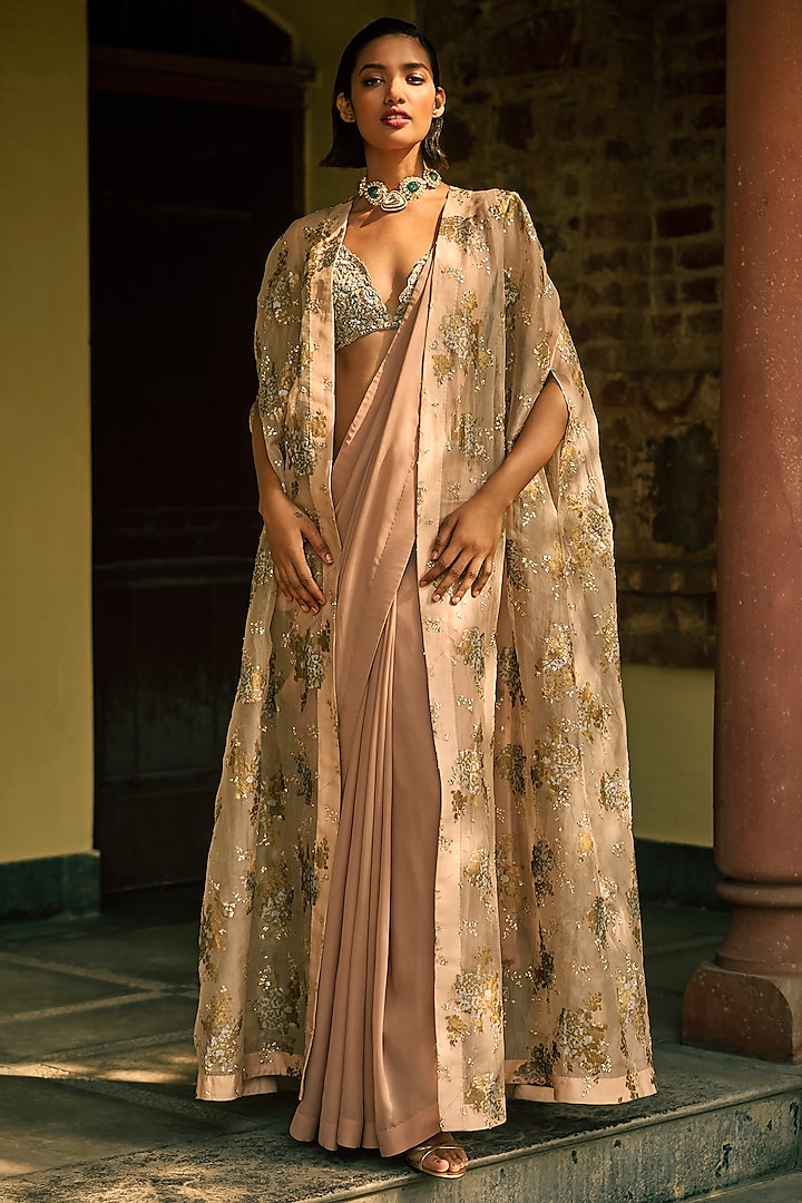 Dusty Pink Georgette & Net Embroidered Jacket Saree Set by Bhumika Sharma at Pernia's Pop Up Shop