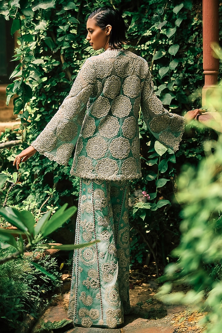 Coral Blue Net Embroidered Jacket Set by Bhumika Sharma at Pernia's Pop Up Shop