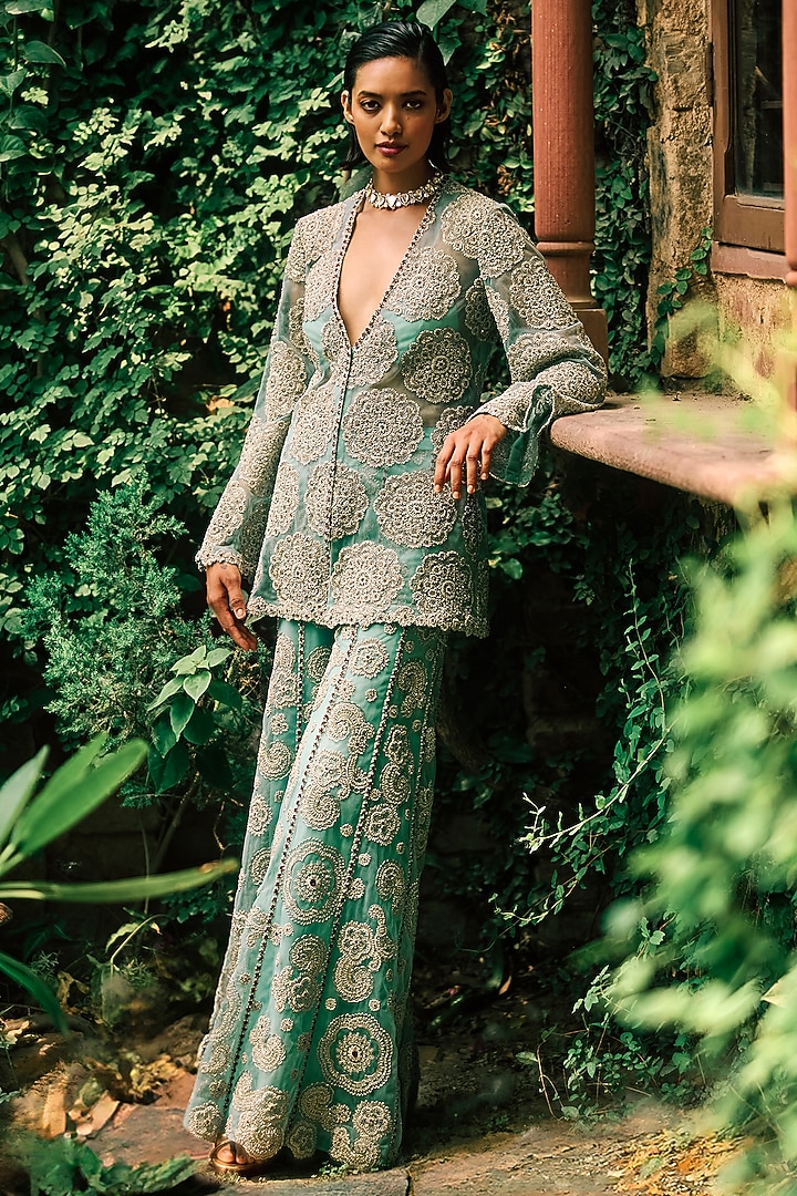Coral Blue Net Embroidered Jacket Set by Bhumika Sharma at Pernia's Pop Up Shop