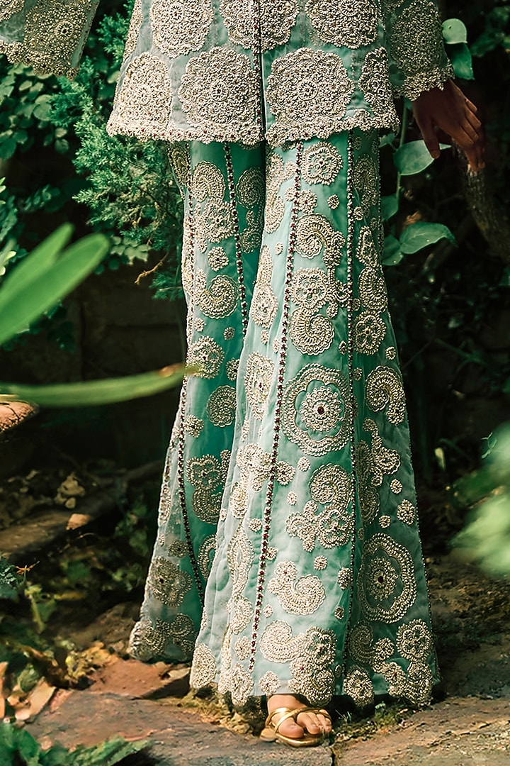 Coral Blue Net Embroidered Jacket Set by Bhumika Sharma at Pernia's Pop Up Shop