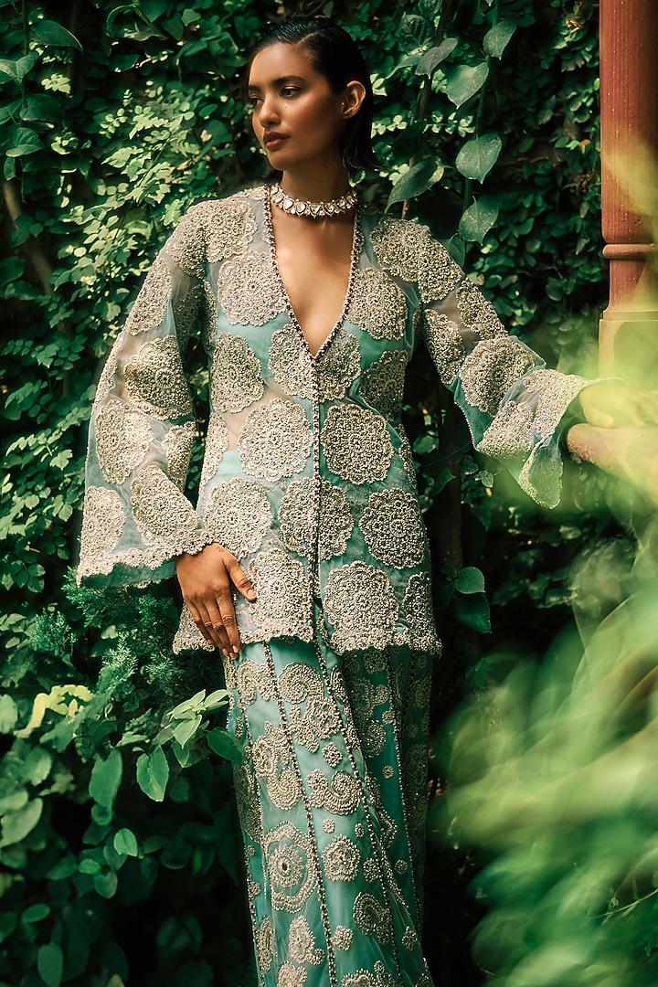 Coral Blue Net Embroidered Jacket Set by Bhumika Sharma at Pernia's Pop Up Shop