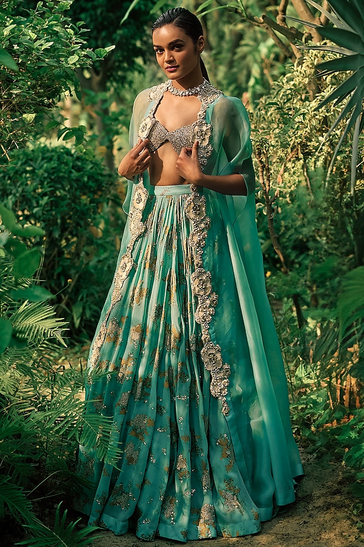 Coral Blue Organza & Georgette Printed Bridal Lehenga Set by Bhumika Sharma at Pernia's Pop Up Shop