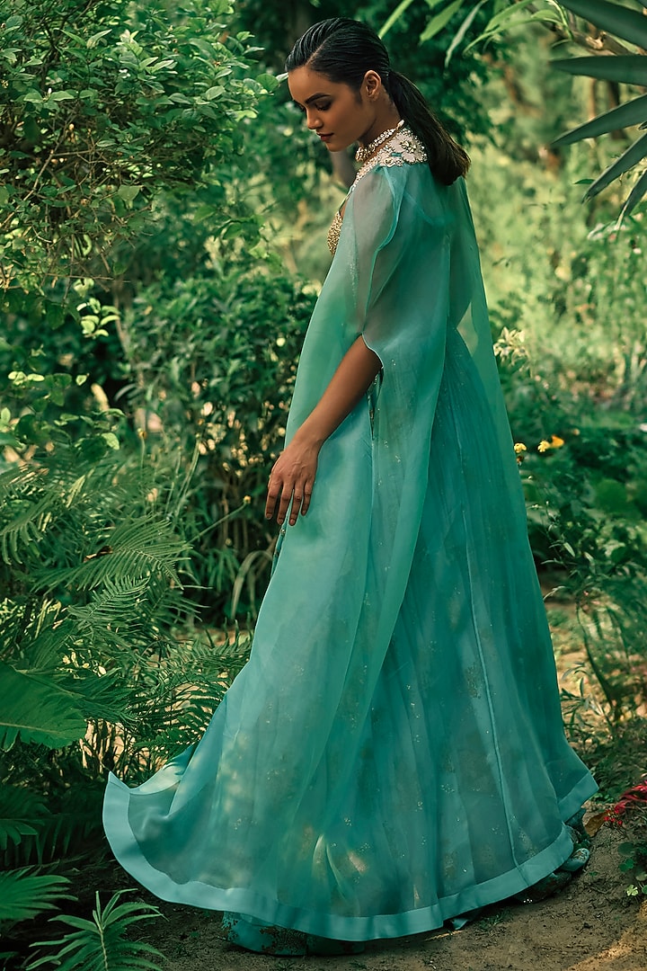 Coral Blue Organza & Georgette Printed Bridal Lehenga Set by Bhumika Sharma at Pernia's Pop Up Shop