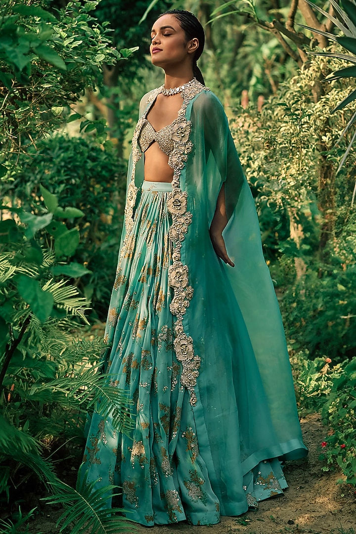 Coral Blue Organza & Georgette Printed Bridal Lehenga Set by Bhumika Sharma at Pernia's Pop Up Shop