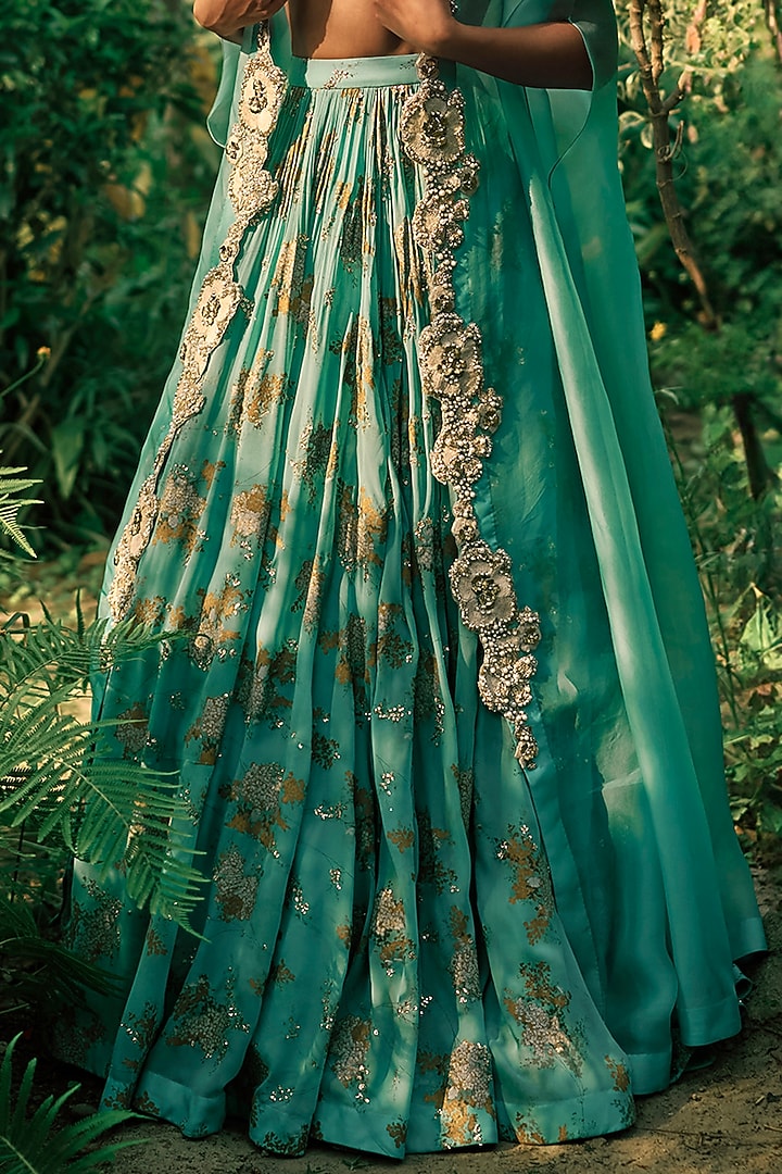 Coral Blue Organza & Georgette Printed Bridal Lehenga Set by Bhumika Sharma at Pernia's Pop Up Shop