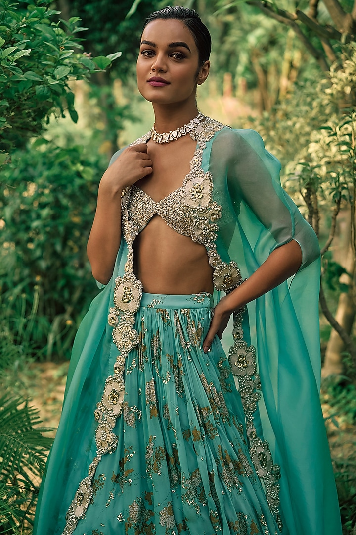 Coral Blue Organza & Georgette Printed Bridal Lehenga Set by Bhumika Sharma at Pernia's Pop Up Shop