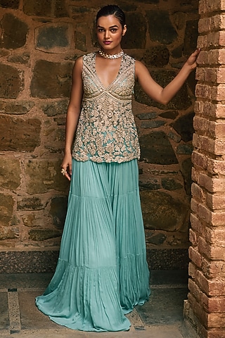 Coral Blue Georgette & Net Embroidered Sharara Set by Bhumika Sharma