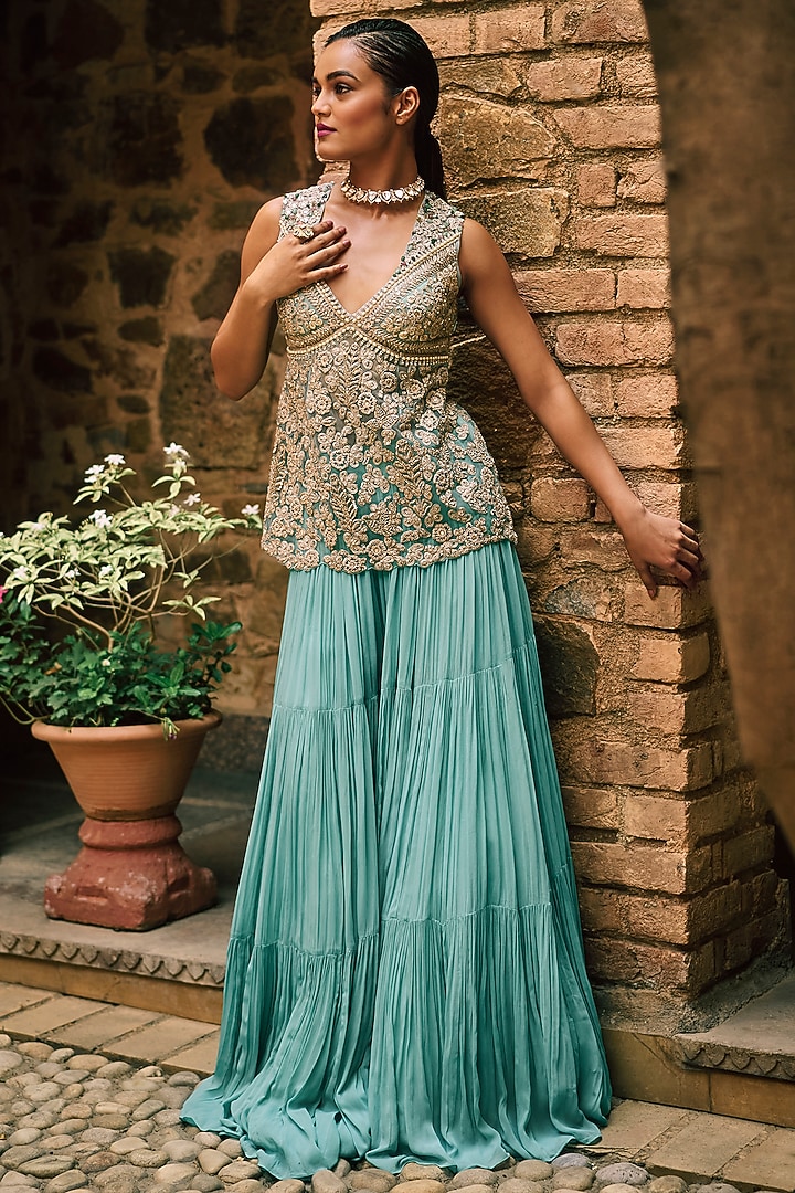 Coral Blue Georgette & Net Embroidered Bridal Sharara Set by Bhumika Sharma at Pernia's Pop Up Shop